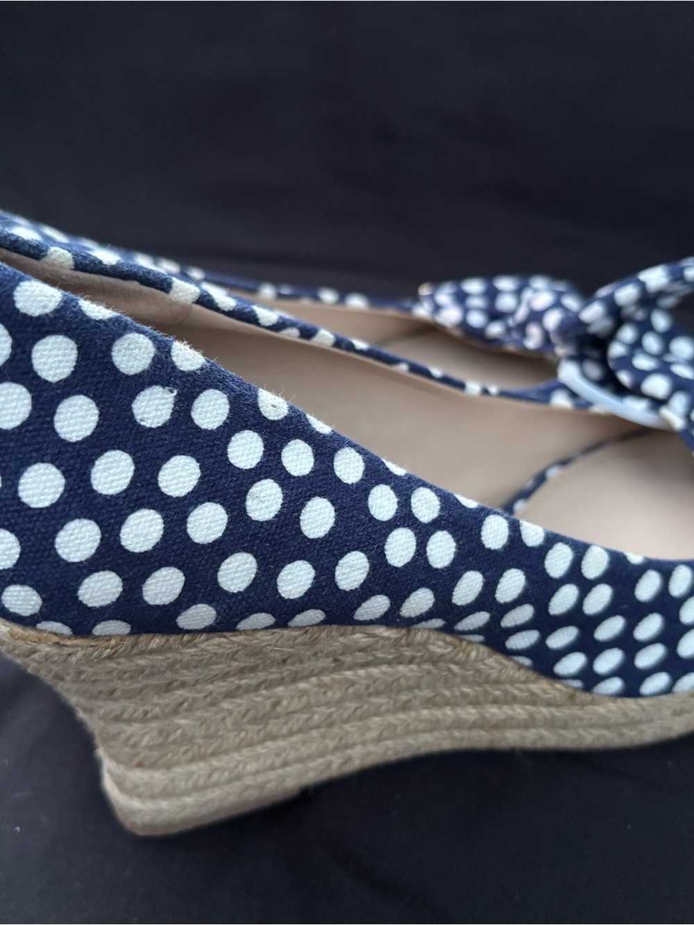 Tory Burch Navy and White Polka Dot Bow Peep-Toe Heels - Picture 9 of 13